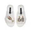 Laines London Women's White Classic Laines Slippers With Stripe 60th Birthday & Glass Of Champagne Brooches - Crea In White