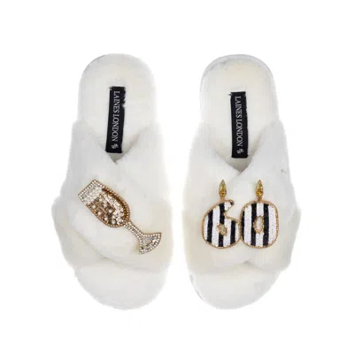 Laines London Women's White Classic Laines Slippers With Stripe 60th Birthday & Glass Of Champagne Brooches - Crea