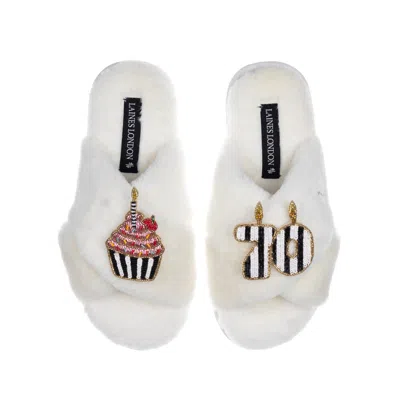 Laines London Women's White Classic Laines Slippers With Stripe 70th Birthday & Cake Brooches - Cream