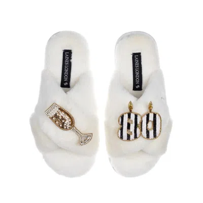 Laines London Women's White Classic Laines Slippers With Stripe 80th Birthday & Glass Of Champagne Brooches - Crea