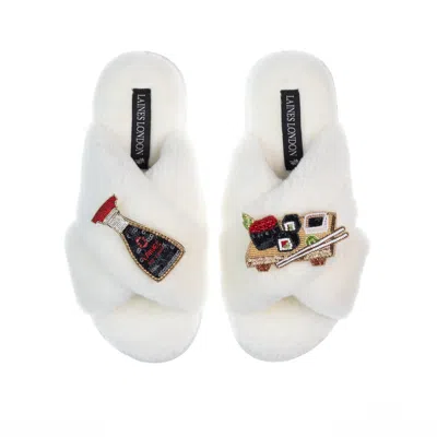 Laines London Women's White Classic Laines Slippers With Sushi & Soy Sauce Brooches - Cream