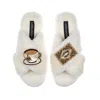 Laines London Women's White Classic Laines Slippers With Tea & Biscuit Brooches - Cream In White