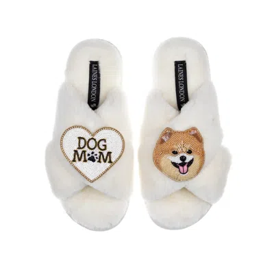 Laines London Women's White Classic Laines Slippers With Teddy The Pomeranian & Dog Mum / Mom Brooches - Cream