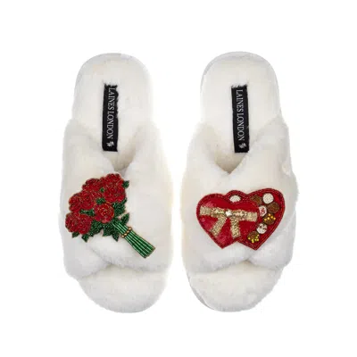 Laines London Women's White Classic Laines Slippers With Valentines Chocolate Box & Roses Brooches - Cream