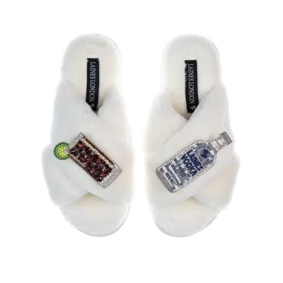 Laines London Women's White Classic Laines Slippers With Vodka & Coke Brooches - Cream In Neutral
