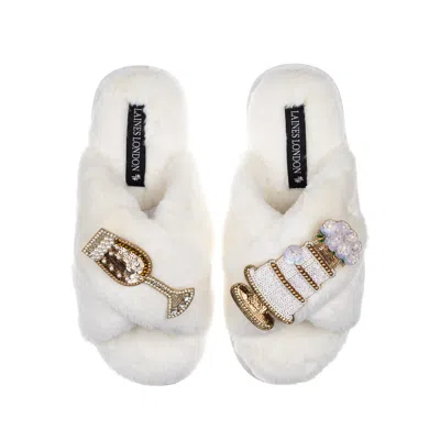 Laines London Women's White Classic Laines Slippers With Wedding Cake & Champers Brooches - Cream