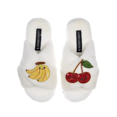 Laines London Women's White Classic Slippers With Laines Loveables Banana & Cherry Brooches - Cream