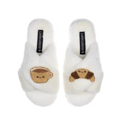 Laines London Women's White Classic Slippers With Laines Loveables Coffee & Croissant Brooches - Cream