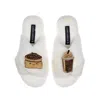 Laines London Women's White Classic Slippers With Laines Loveables Coffee Beans & Frappe Brooches - Cream In White