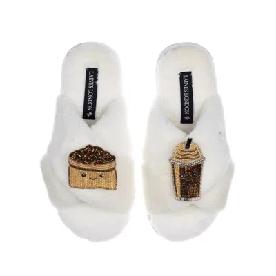 Laines London Women's White Classic Slippers With Laines Loveables Coffee Beans & Frappe Brooches - Cream