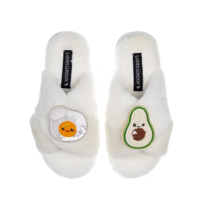 Laines London Women's White Classic Slippers With Laines Loveables Egg & Avocado Brooches - Cream
