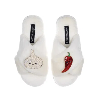Laines London Women's White Classic Slippers With Laines Loveables Garlic & Chilli Brooches - Cream