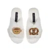 Laines London Women's White Classic Slippers With Laines Loveables Hot Chocolate & Pretzel Brooches - Cream In White