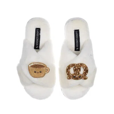 Laines London Women's White Classic Slippers With Laines Loveables Hot Chocolate & Pretzel Brooches - Cream