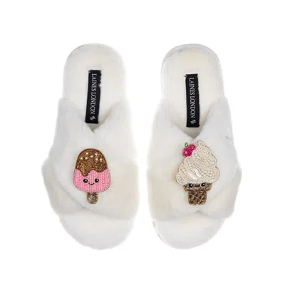 Laines London Women's White Classic Slippers With Laines Loveables Ice Lolly & Ice Cream Brooches - Cream