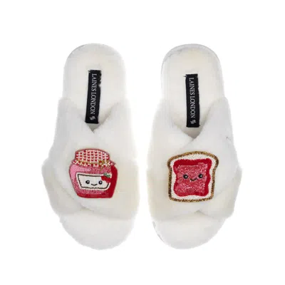 Laines London Women's White Classic Slippers With Laines Loveables Jam & Toast Brooches - Cream