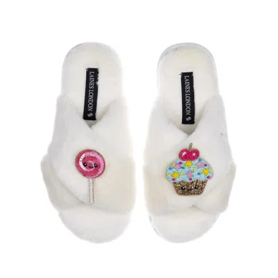 Laines London Women's White Classic Slippers With Laines Loveables Lollipop & Cupcake Brooches - Cream