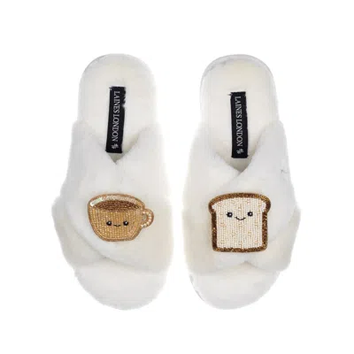 Laines London Women's White Classic Slippers With Laines Loveables Tea & Toast Brooches - Cream