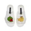 Laines London Women's White Classic Slippers With Laines Loveables Watermelon & Banana Brooches - Cream In White