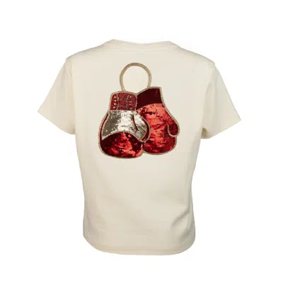 Laines London Women's White Embellished Boxing Gloves T-shirt - Cream