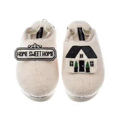 Laines London Women's White Flatform Cloud Slippers With Home Sweet Home Brooches - Cream