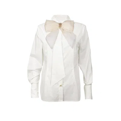 Laines London Women's White / Gold Laines Couture White Tie Shirt With Embellished Cream & Gold Bow In Multi