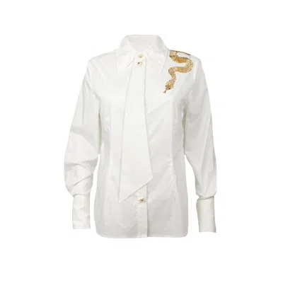 Laines London Women's White / Gold Laines Couture White Tie Shirt With Embellished Gold Shoulder Snake
