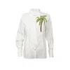 Laines London Women's White / Green Laines Couture White Tie Shirt With Embellished Palm Tree