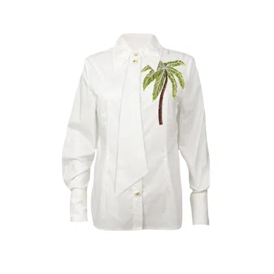 Laines London Women's White / Green Laines Couture White Tie Shirt With Embellished Palm Tree In Multi
