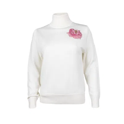 Laines London Women's White Laines Couture Pink Peony Embellished Knitted Roll Neck Jumper - Cream