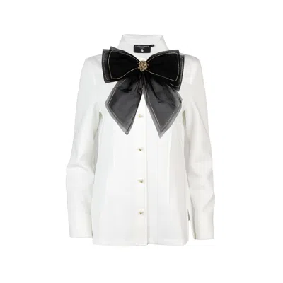 Laines London Women's White Laines Couture Shirt With Embellished Black & Gold Bow