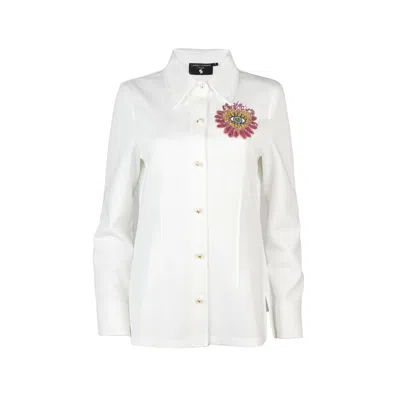 Laines London Women's White Laines Couture Shirt With Embellished Pink Flower Eye Shirt