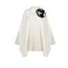 Laines London Women's White Laines Couture Wool Blend Zip Cape With Embellished Black & Cream Corsage - Cream In White