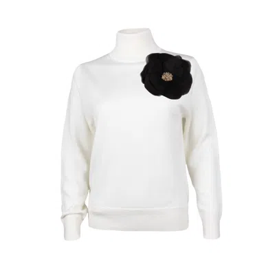 Laines London Women's White / Neutrals / Black Laines Couture Embellished Black Corsage Knitted Roll Neck Jumper - In White/black