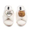 Laines London Women's White / Neutrals Boucle Slippers With Cat Mum/mom & Ginger Persian Cat Brooches - Cream In Neutral
