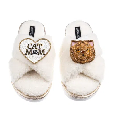 Laines London Women's White / Neutrals Boucle Slippers With Cat Mum/mom & Ginger Persian Cat Brooches - Cream
