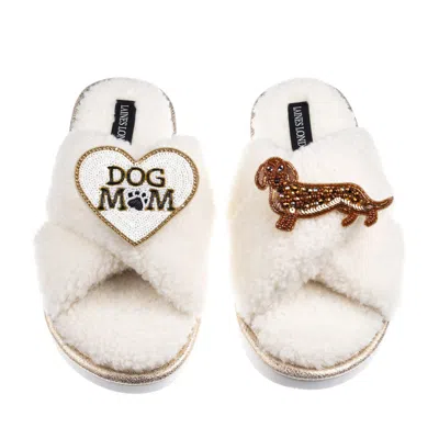 Laines London Women's White / Neutrals Boucle Slippers With Dog Mum/mom & Red Dachshund Brooches - Cream