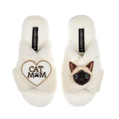Laines London Women's White / Neutrals Classic Laines Slippers With Cat Mum / Mom & Siamese Cat Brooches - Cream