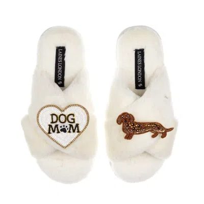 Laines London Women's White / Neutrals Classic Laines Slippers With Dog Mum/mom & Red Dachshund Brooches - Cream In Animal Print