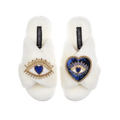Laines London Women's White / Neutrals Classic Laines Slippers With Double Blue Heart & Love Eye Brooches - Cream