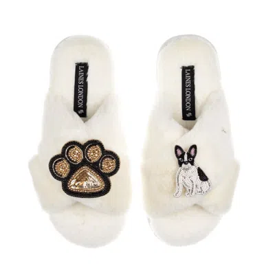Laines London Women's White / Neutrals Classic Laines Slippers With Paw & Black & White Sitting French Bulldog Bro