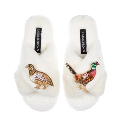 Laines London Women's White / Neutrals Classic Laines Slippers With Pheasant & Hen Brooches - Cream