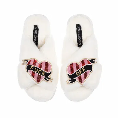 Laines London Women's White / Neutrals Classic Laines Slippers With Pink & Red Stripe Heart Fuck Off Brooches - Cr