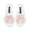 Laines London Women's White / Neutrals Classic Laines Slippers With Pink Stripe Bow Brooches - Cream In White