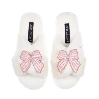Laines London Women's White / Neutrals Classic Laines Slippers With Pink Stripe Bow Brooches - Cream