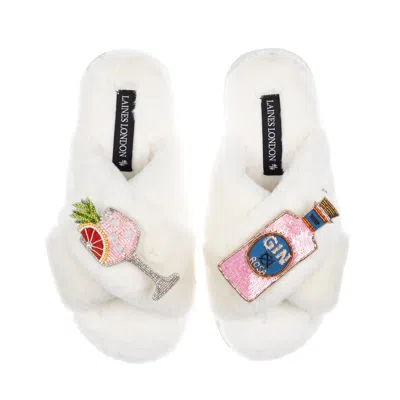 Laines London Women's White / Neutrals Classic Laines Slippers With Sicilian Pink & Grapefruit Gin Brooches - Crea