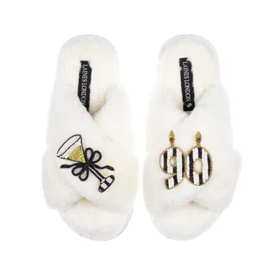 Laines London Women's White / Neutrals Classic Laines Slippers With Stripe 90th Birthday & Glass Of Champagne Broo