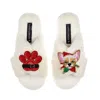 Laines London Women's White / Neutrals Classic Slippers With Christmas Chihuahua & Paw Brooches - Cream In White