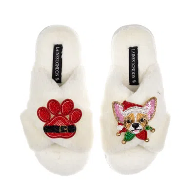 Laines London Women's White / Neutrals Classic Slippers With Christmas Chihuahua & Paw Brooches - Cream