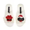 Laines London Women's White / Neutrals Classic Slippers With Christmas Dachshund & Paw Brooches - Cream In White